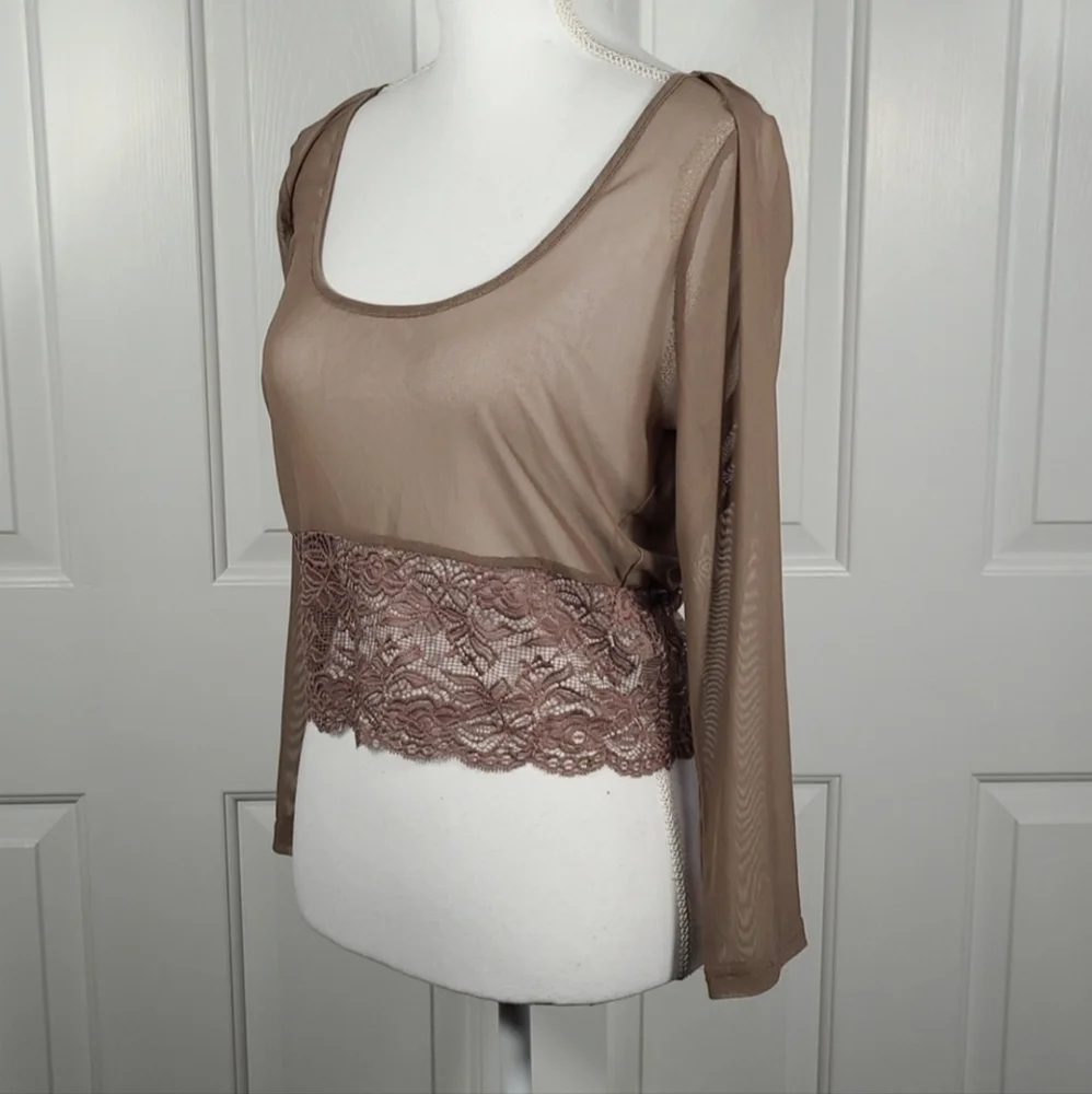 NWT A'reve Lace & Mesh Sheer Stretchy Crop Top in Brown Size Large - Picture 8 of 14